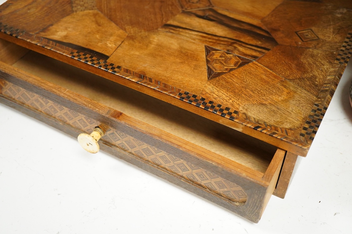 A Japanese Hakone ware marquetry box, with drawer and bone handle, 39cm wide x 32cm deep x 8.5cm high